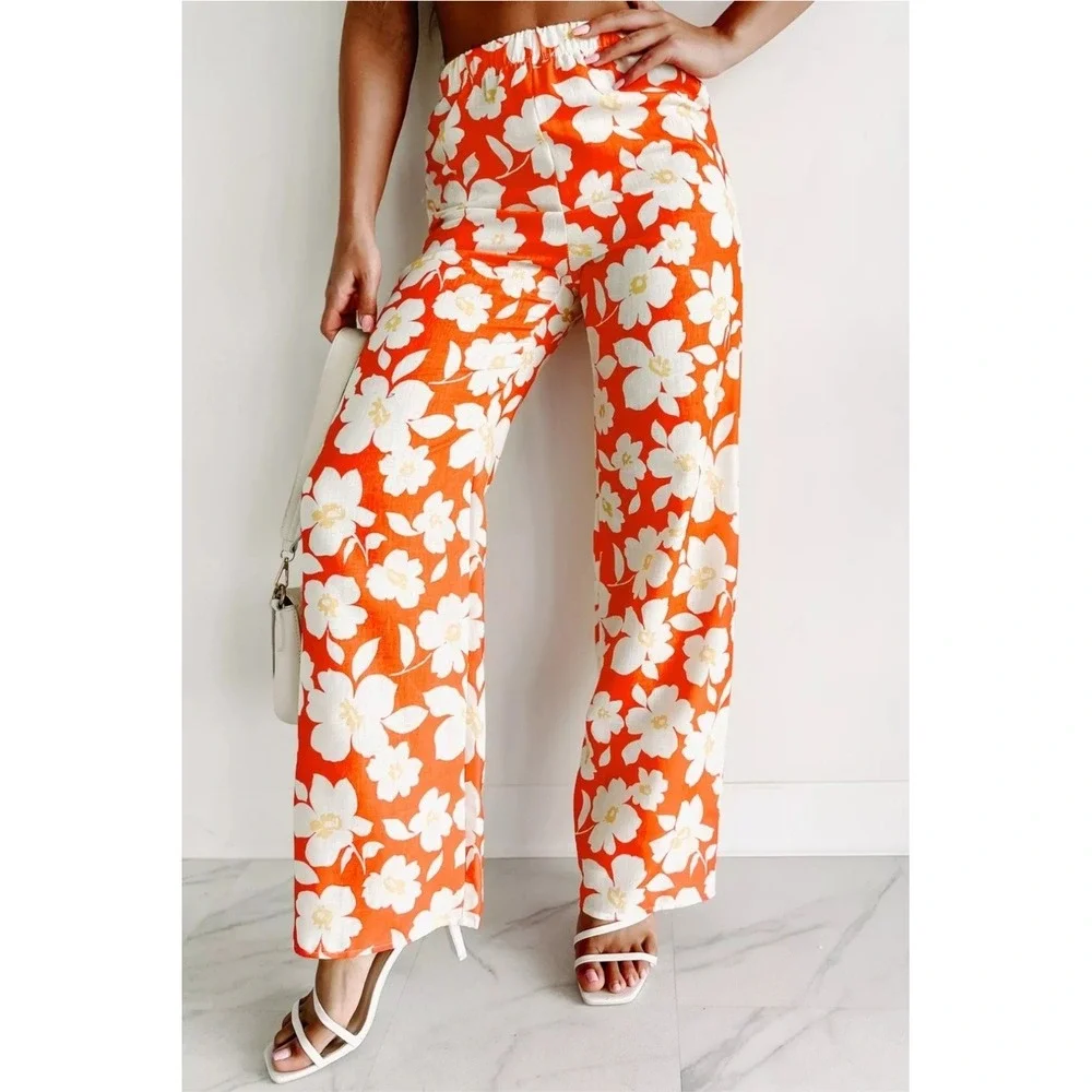 Blue Blush Floral Two Piece Set Crop Top Wide Leg Pants Summer Trendy Medium NEW